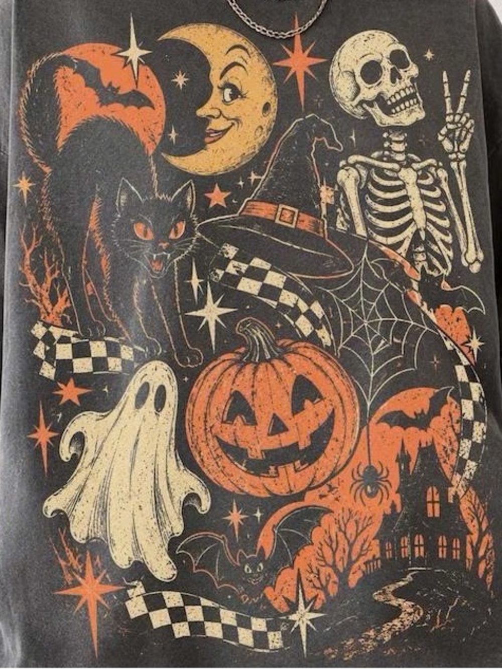 Gildan Black Tee with Orange & Cream Halloween Graphic - Picture 2 of 2